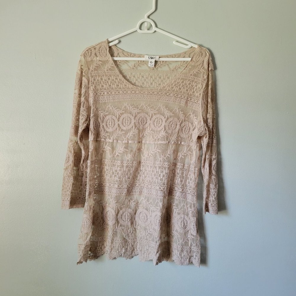 Cato Lace Blouse Women's Large Beige Long Sleeve Scalloped Hem Round Neck